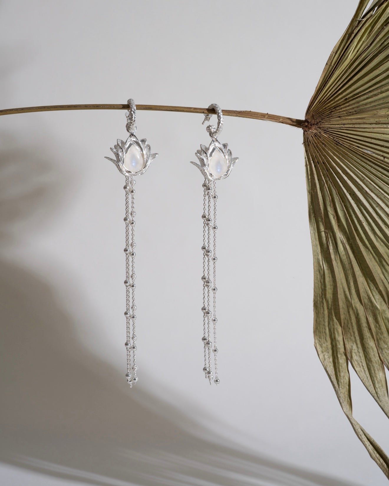 Earrings Lotuses Moonstones with Chains