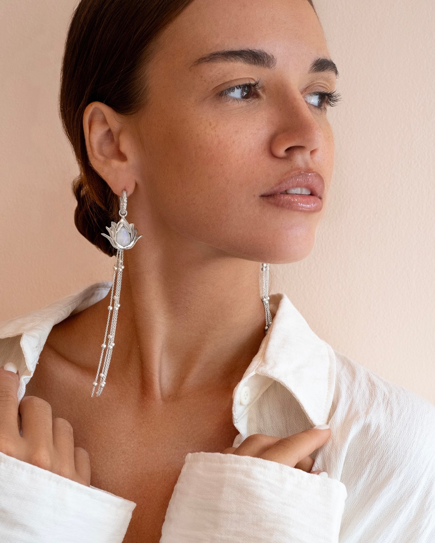Earrings Lotuses Moonstones with Chains