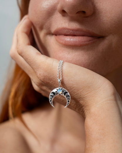 Crescent Moon Phases Opal Necklace Silver, handcrafted jewelry by Celestera in Bali