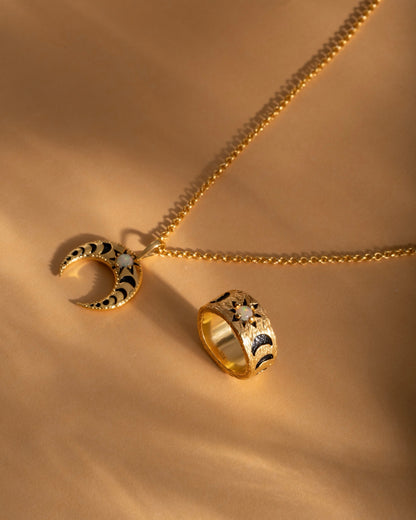 Crescent Moon Phases Opal Necklace Gold Plated