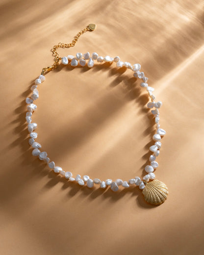 Necklace Pearl with Ocean Shell Gold Plated, handcrafted jewelry by Celestera in Bali