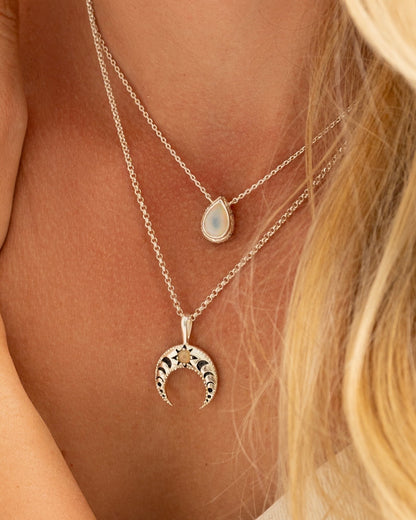 Crescent Moon Phases Opal Necklace Silver