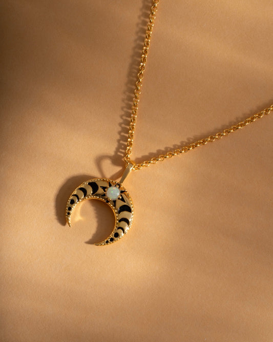 Necklace crescent moon phases with Opal gold plated