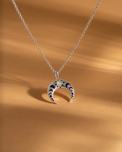 Crescent Moon Phases Opal Necklace Silver