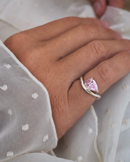 Pink Zircon Pear Ring Silver, handcrafted jewelry by Celestera in Bali