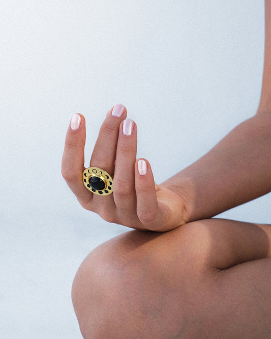 Ring Moon phases with Black Onyx Gold plated