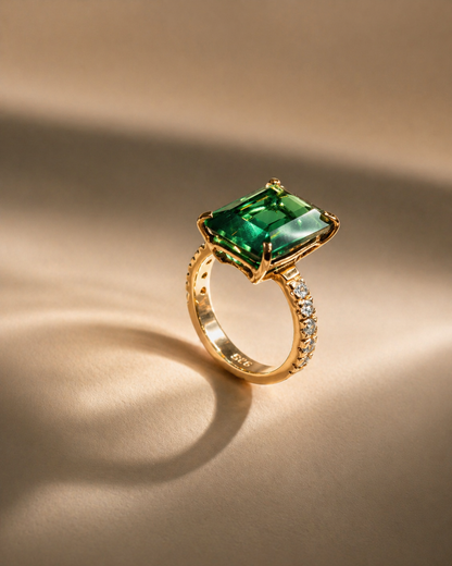 Ring with green quartz and zircones, handcrafted jewelry by Celestera in Bali