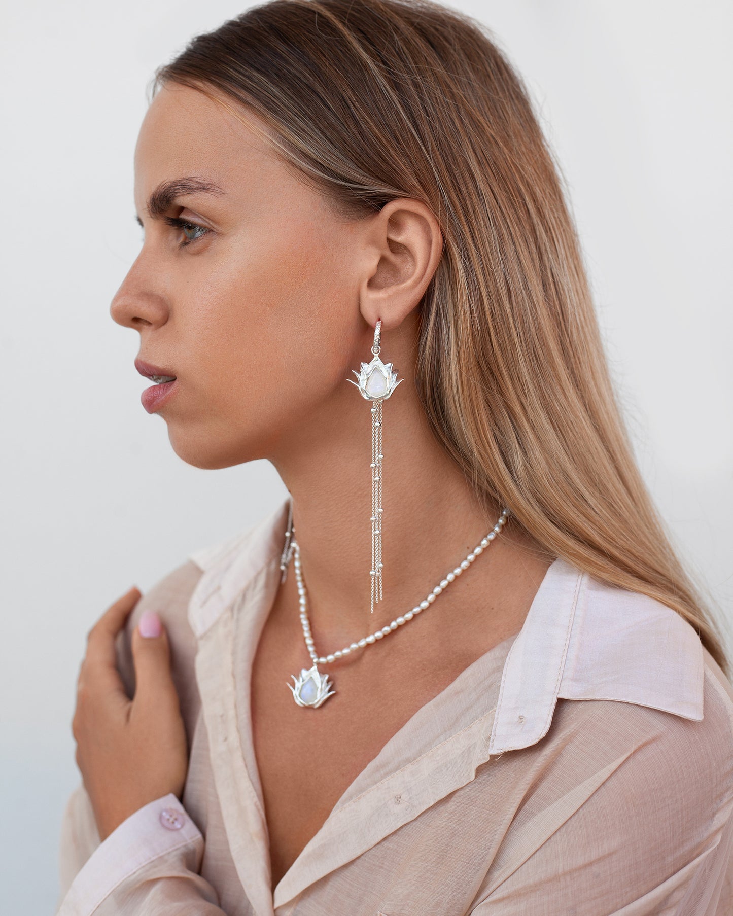 Earrings Lotuses Moonstones with Chains